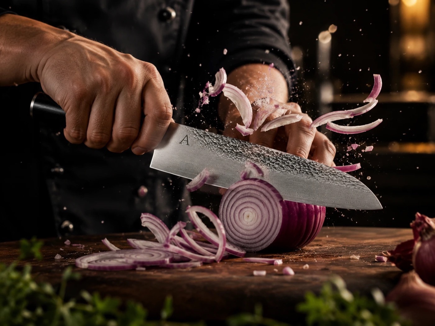 A chef slicing a red onion with a hammered ABAL knife