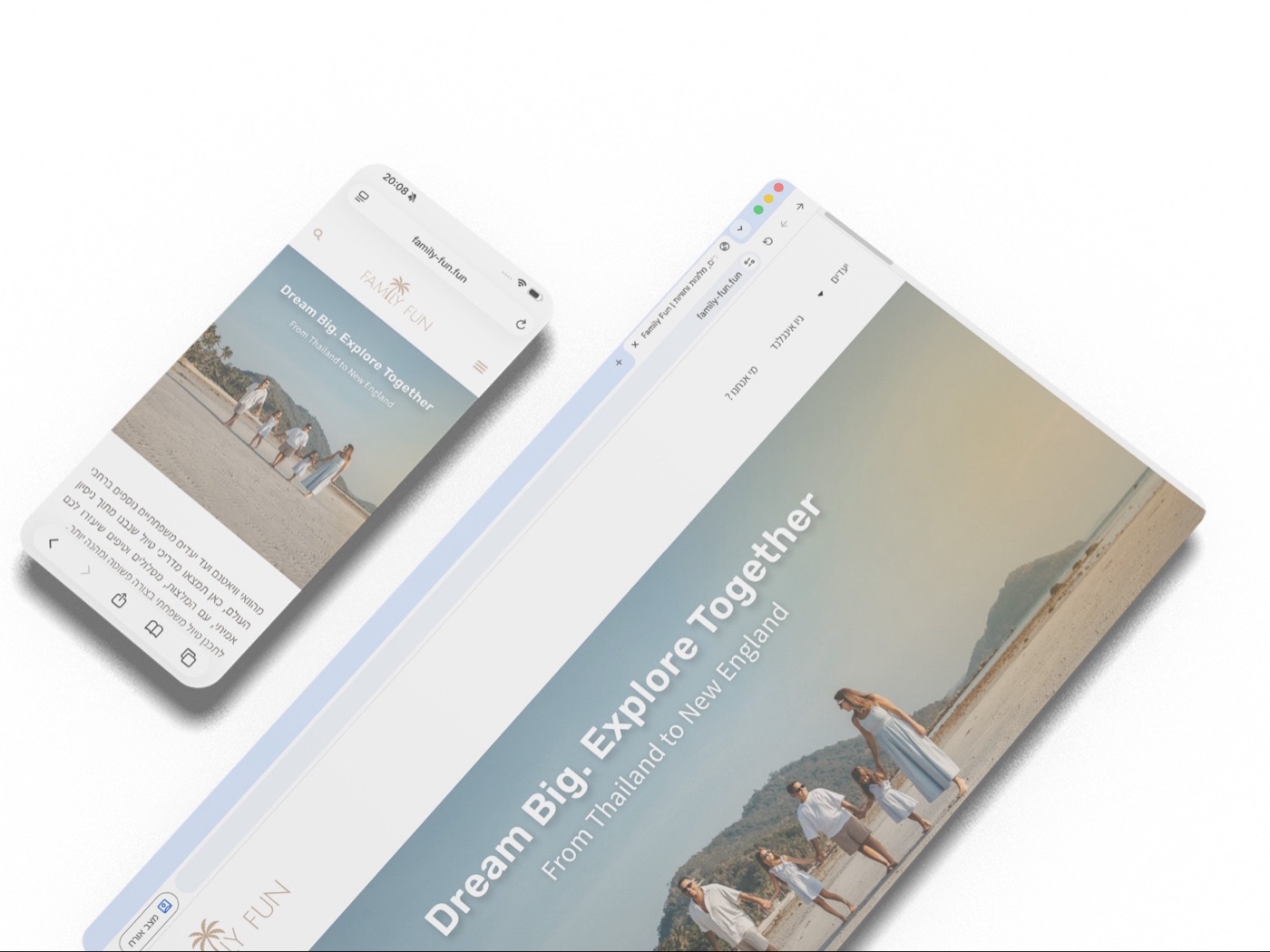 The redesigned Family Fun website on a phone and a desktop browser: Dream Big. Explore Together