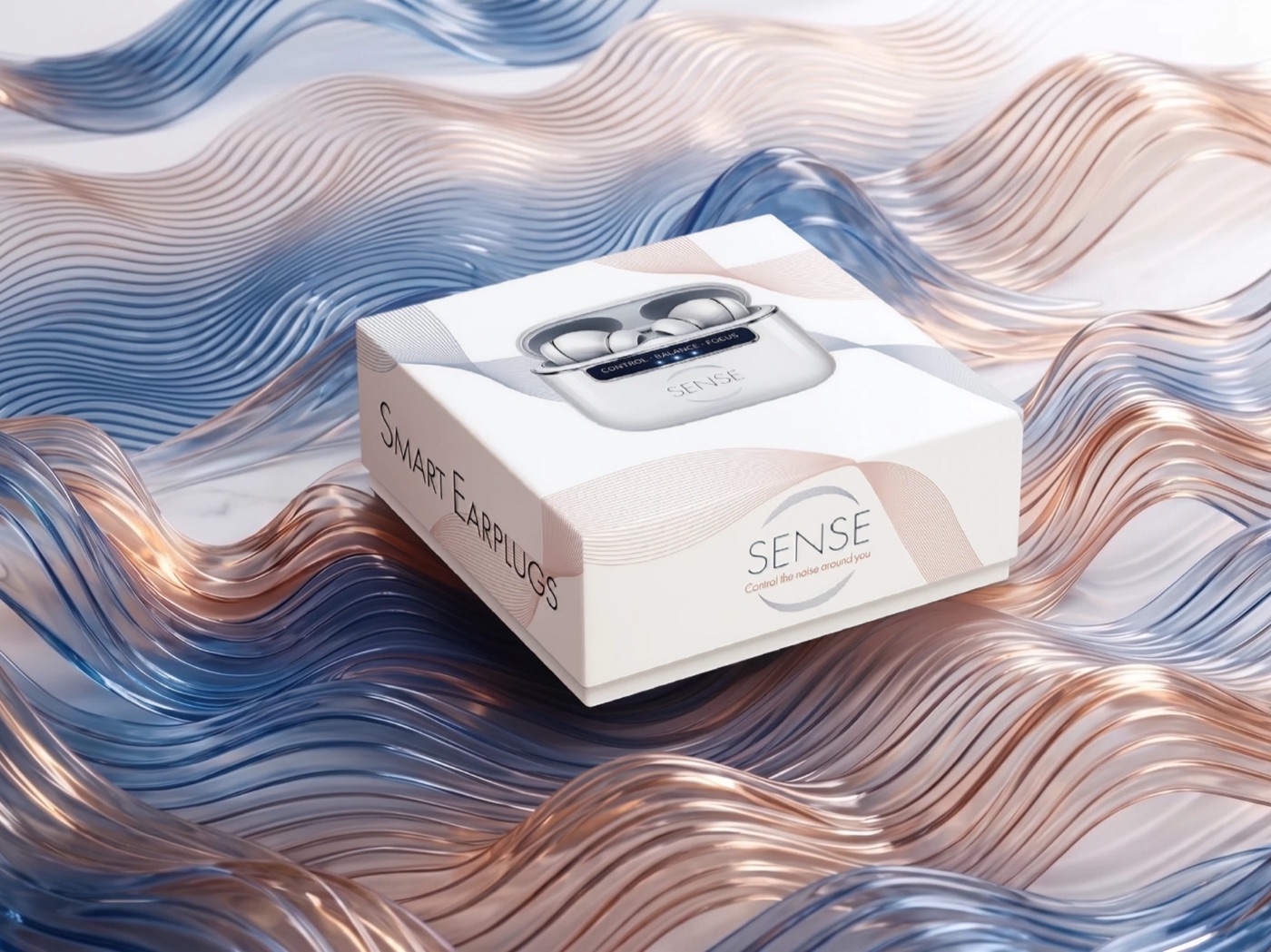 SENSE packaging, a white box for smart earplugs, resting on waves of glass