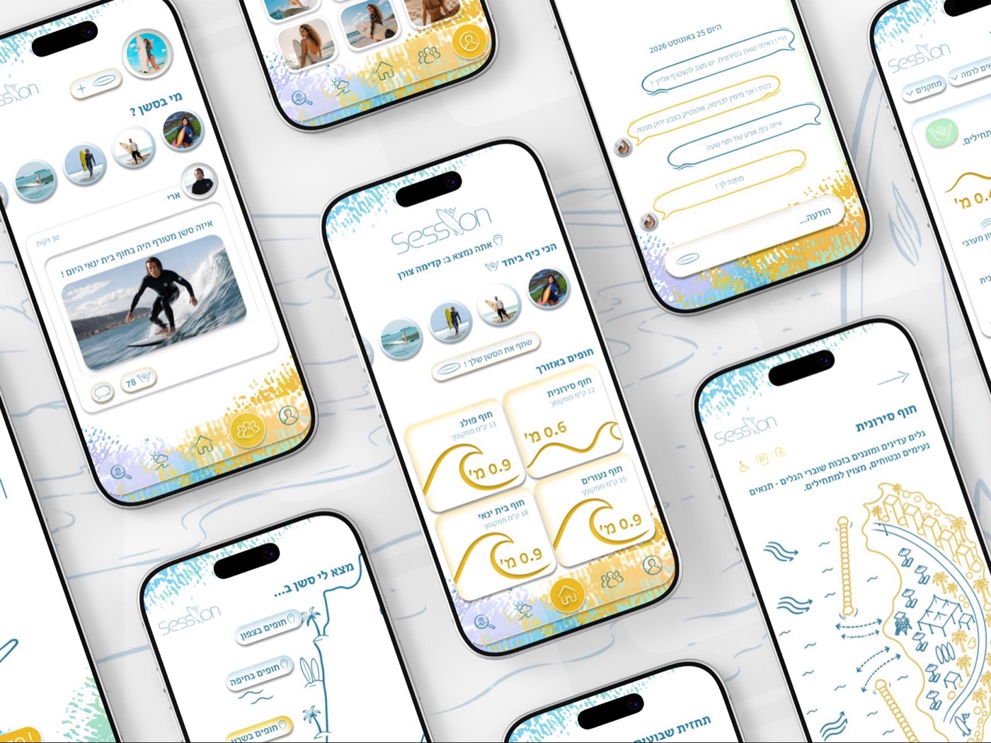 SESSION app screens in Hebrew: beach forecasts, a surf feed, a chat and a beach map