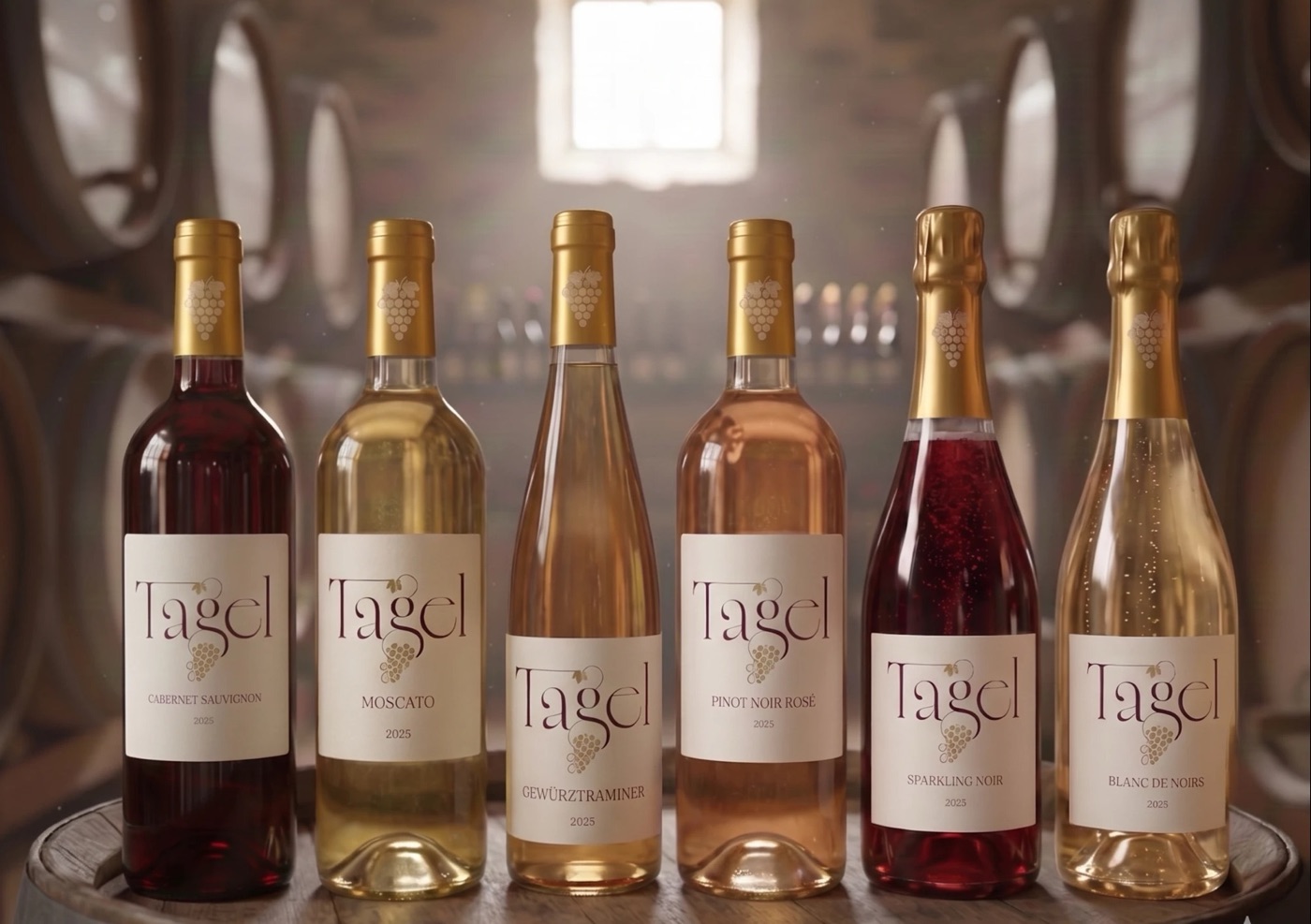 Six Tagel Winery bottles on a barrel in the wine cellar